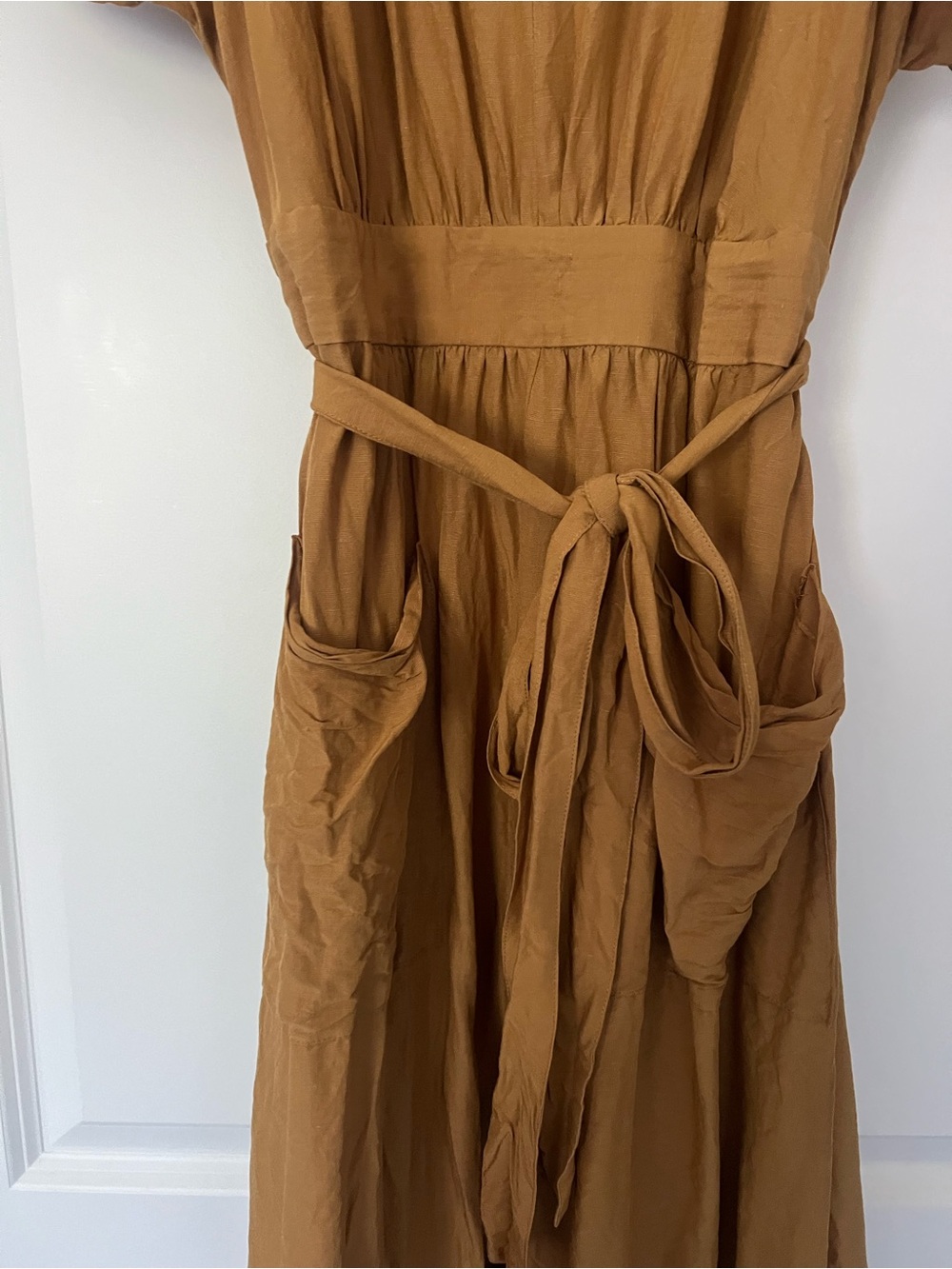 MADEWELL Mustard Brown V-Neck Short Sleeve Midi Dress with Tie Waist - Picture 3 of 8